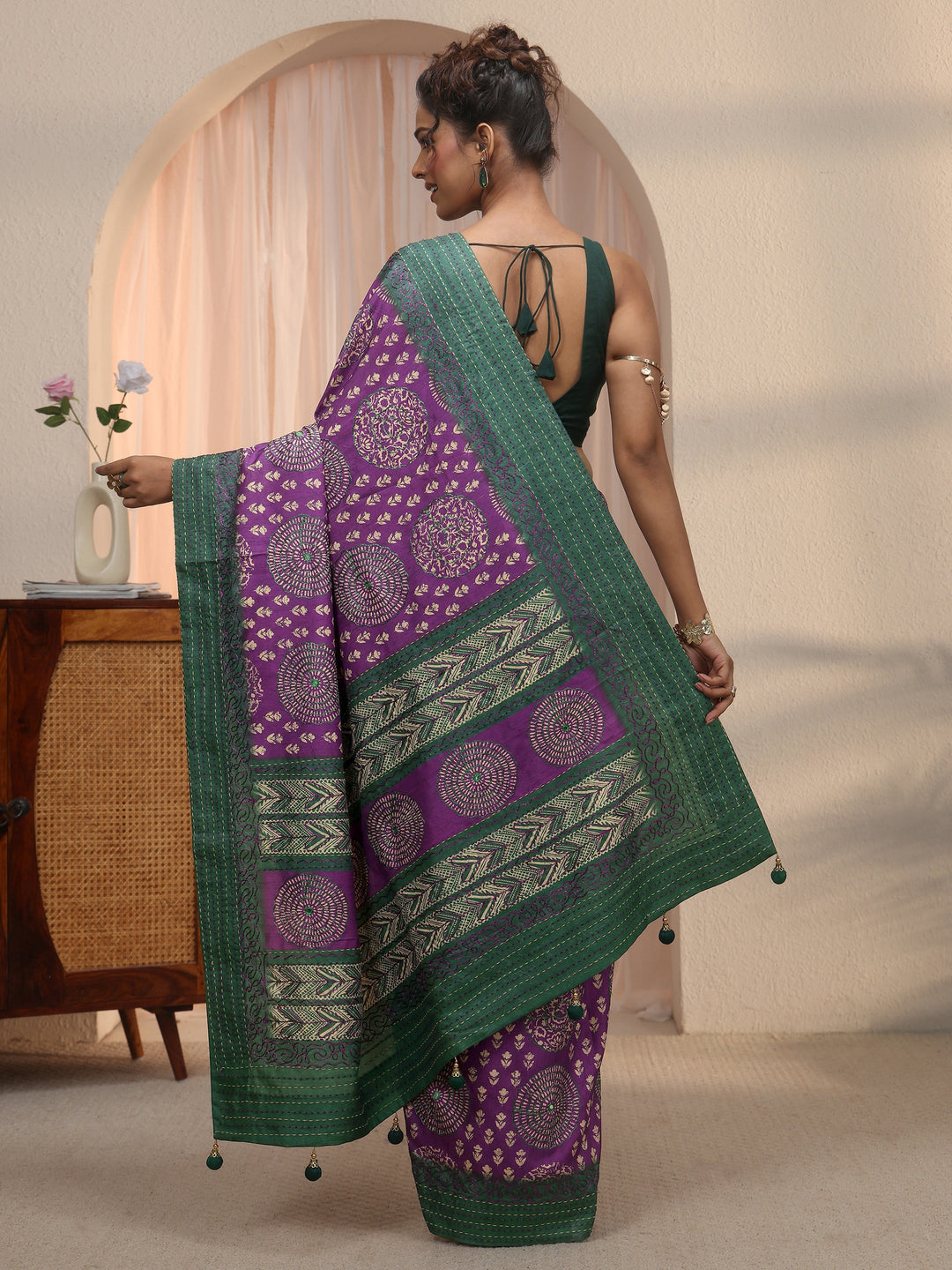 Libas Purple Tribal Printed Silk Blend Saree