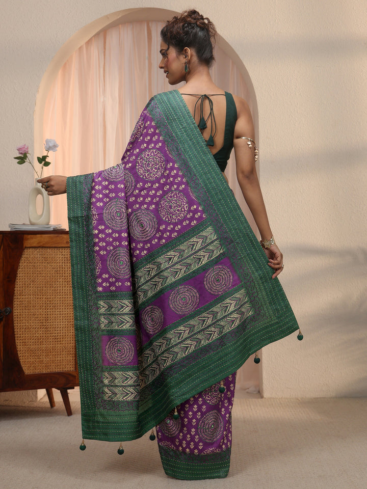 Libas Purple Tribal Printed Silk Blend Saree