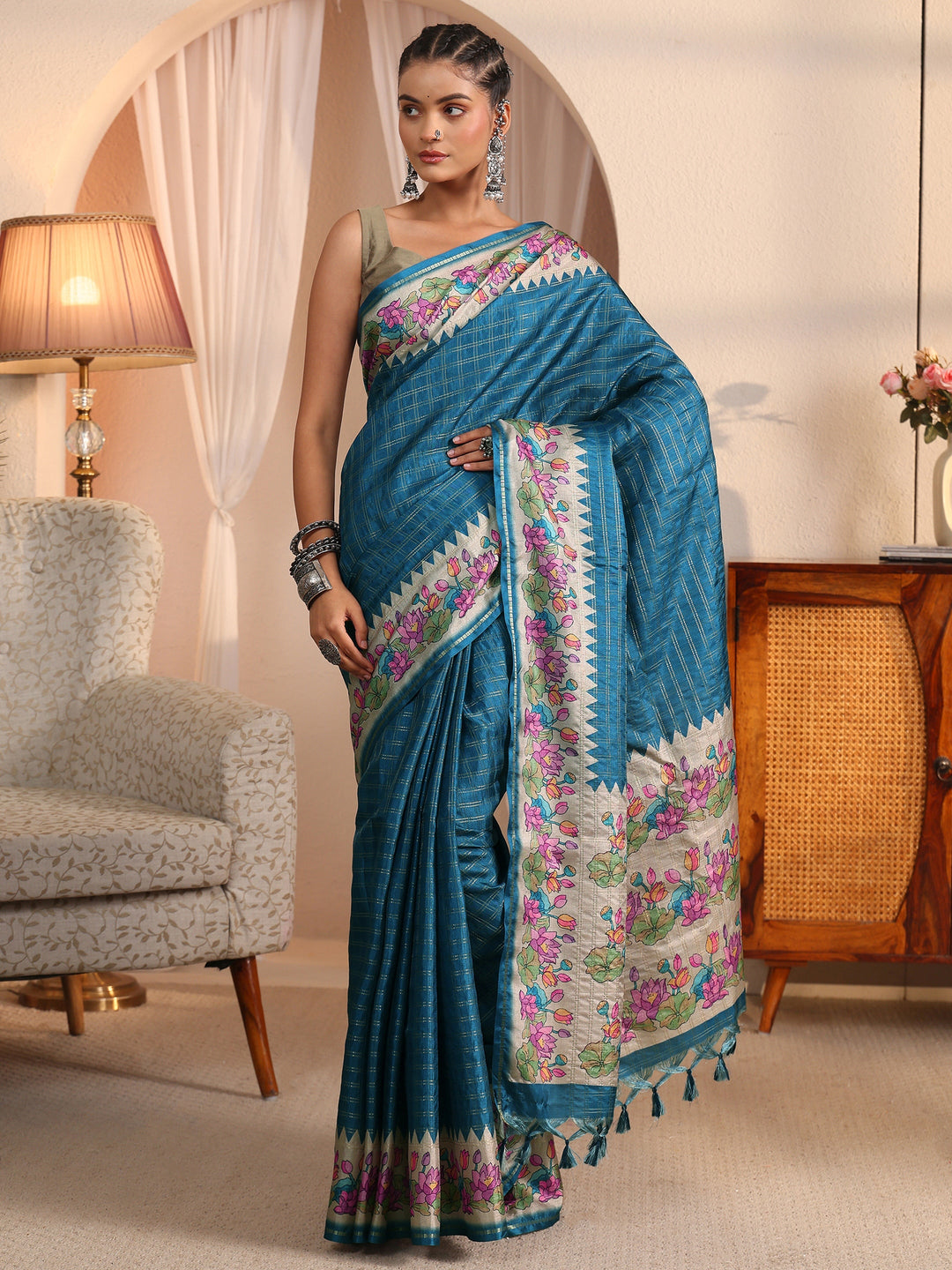 Libas Blue Woven Design Silk Blend Tassel Saree with Floral Border