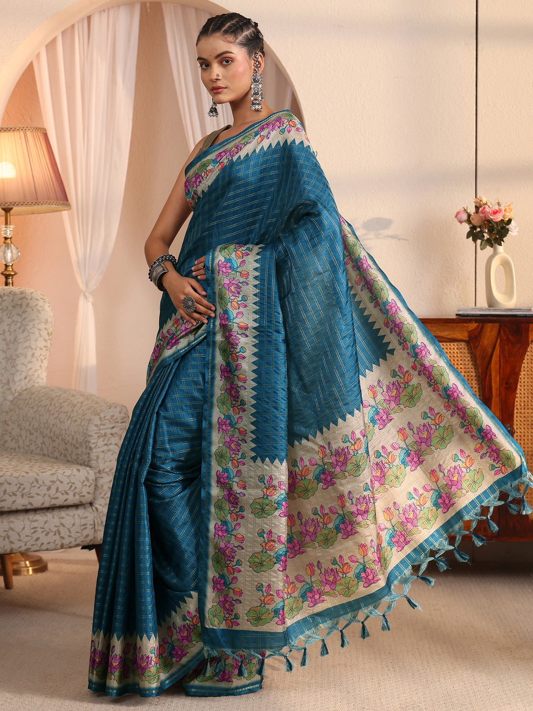 Libas Blue Woven Design Silk Blend Tassel Saree with Floral Border