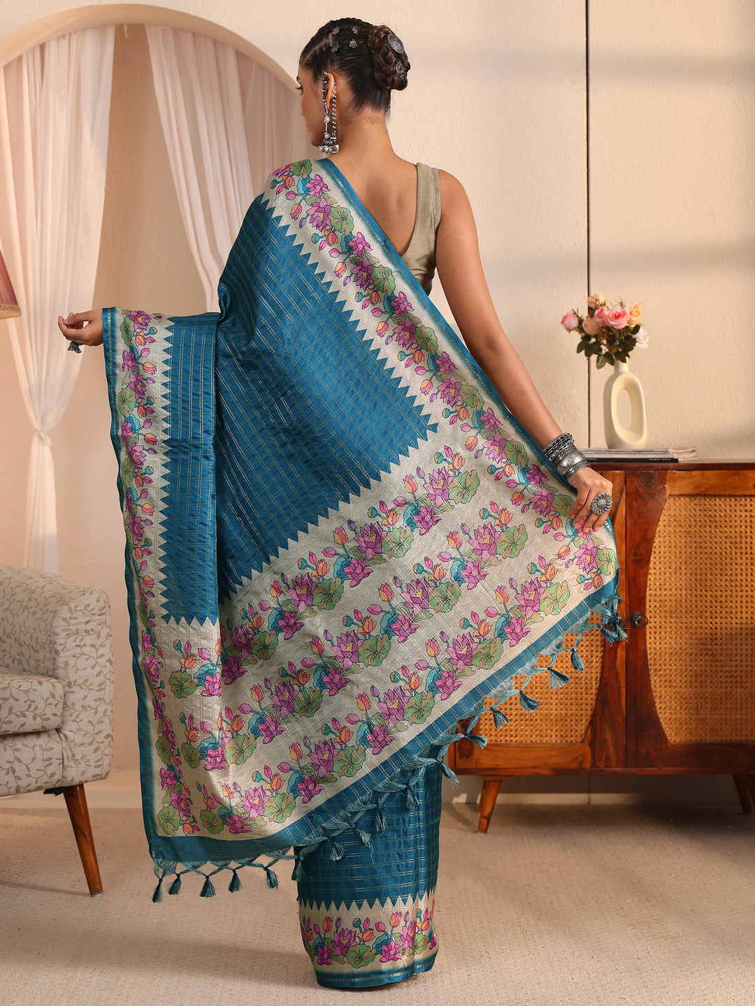 Libas Blue Woven Design Silk Blend Tassel Saree with Floral Border