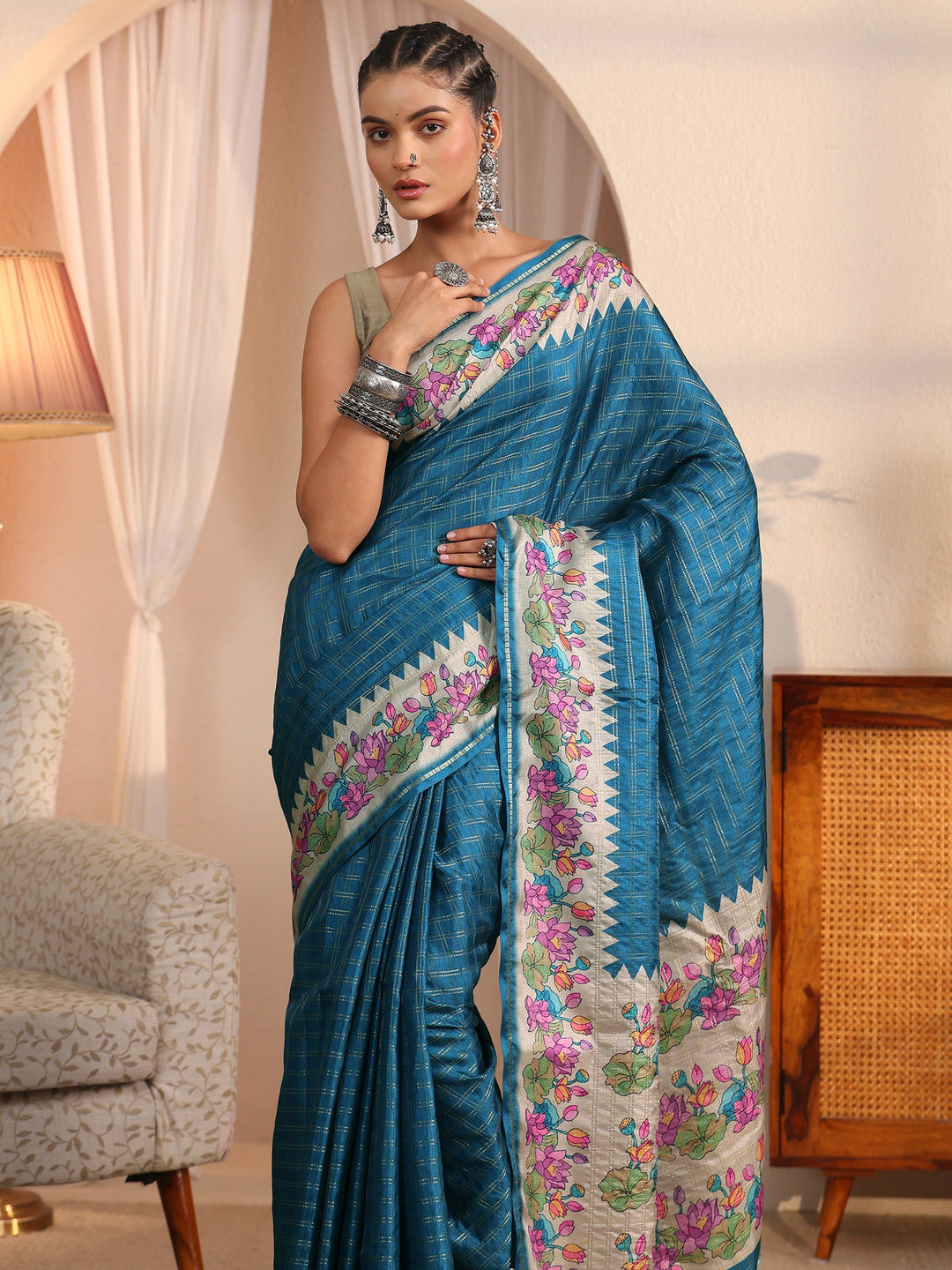Libas Blue Woven Design Silk Blend Tassel Saree with Floral Border