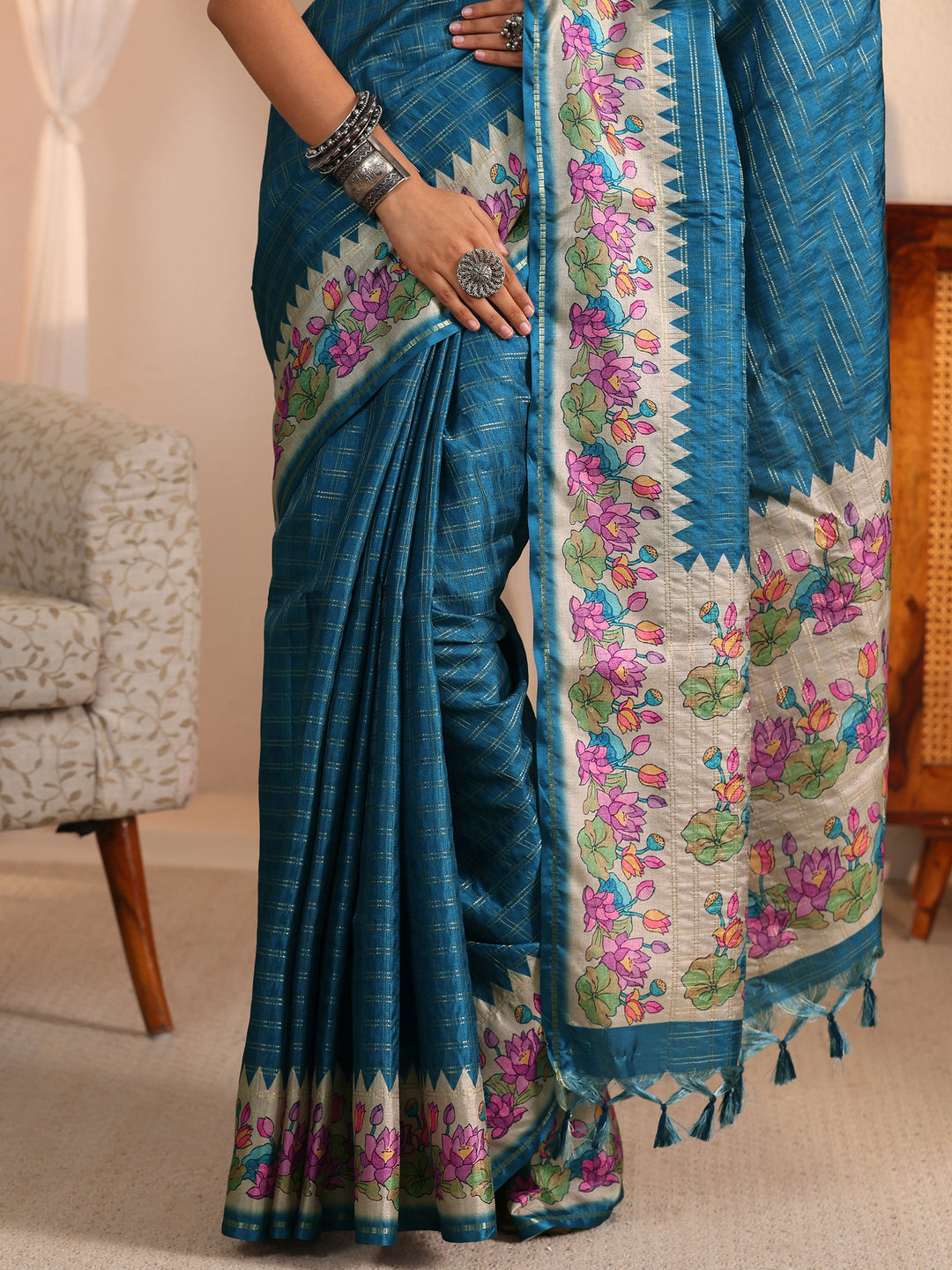 Libas Blue Woven Design Silk Blend Tassel Saree with Floral Border