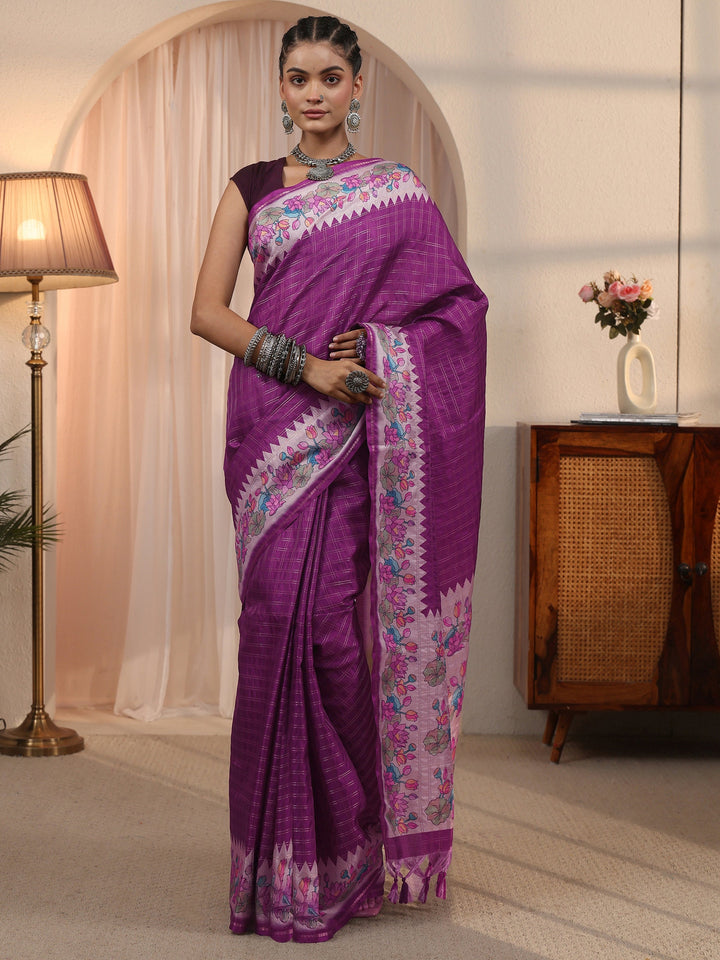 Libas Purple Woven Design Silk Blend Tassel Saree with Floral Border