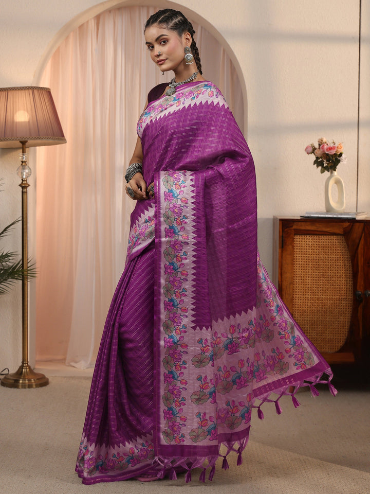 Libas Purple Woven Design Silk Blend Tassel Saree with Floral Border