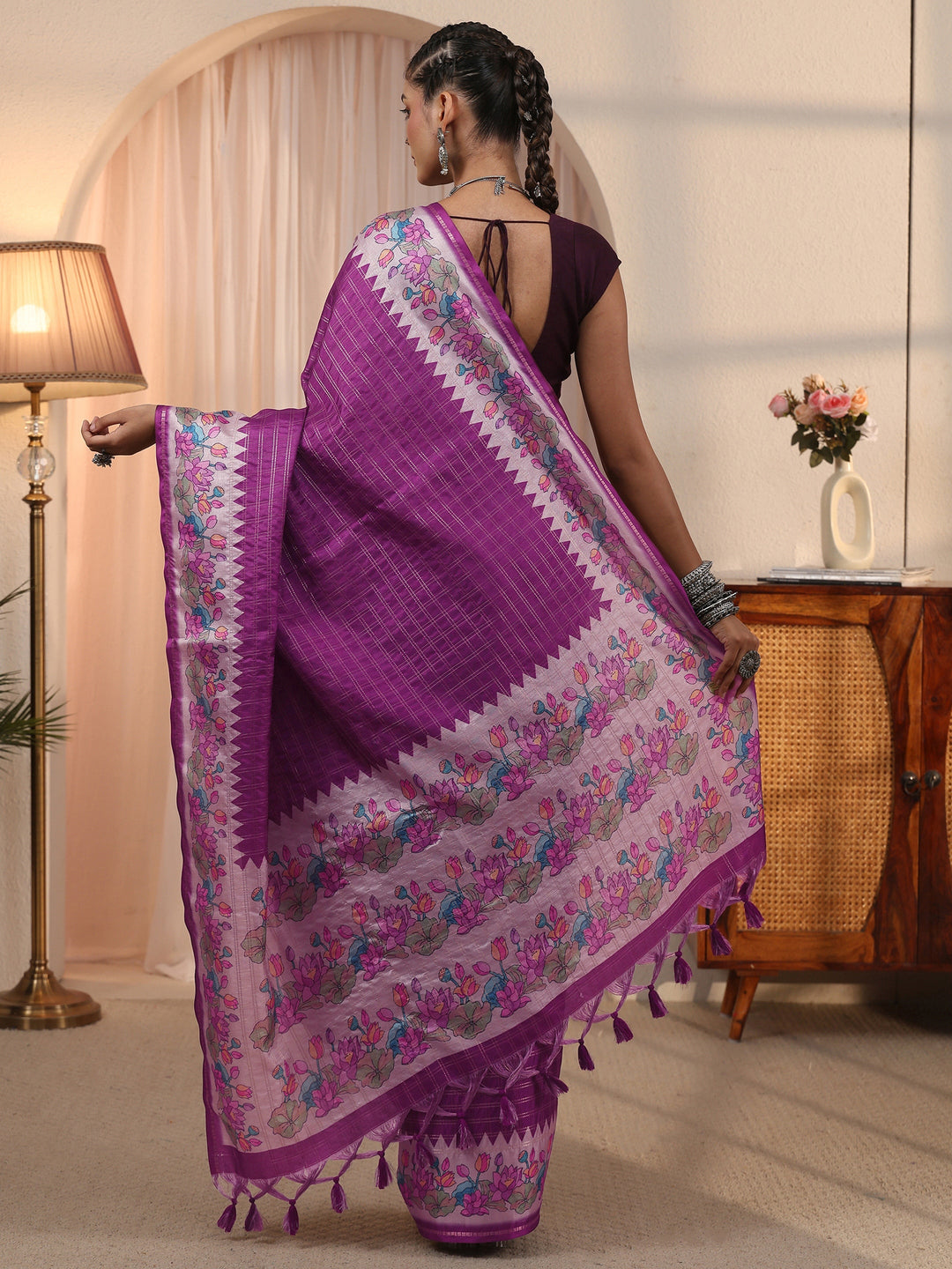 Libas Purple Woven Design Silk Blend Tassel Saree with Floral Border