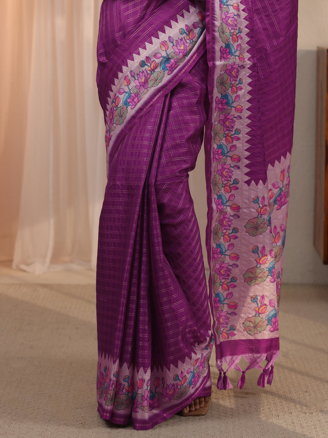 Libas Purple Woven Design Silk Blend Tassel Saree with Floral Border
