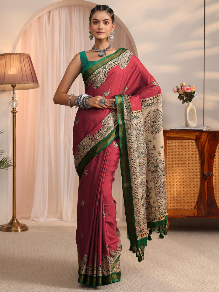 Libas Rust and Green Warli Printed Silk Blend Tassel Saree