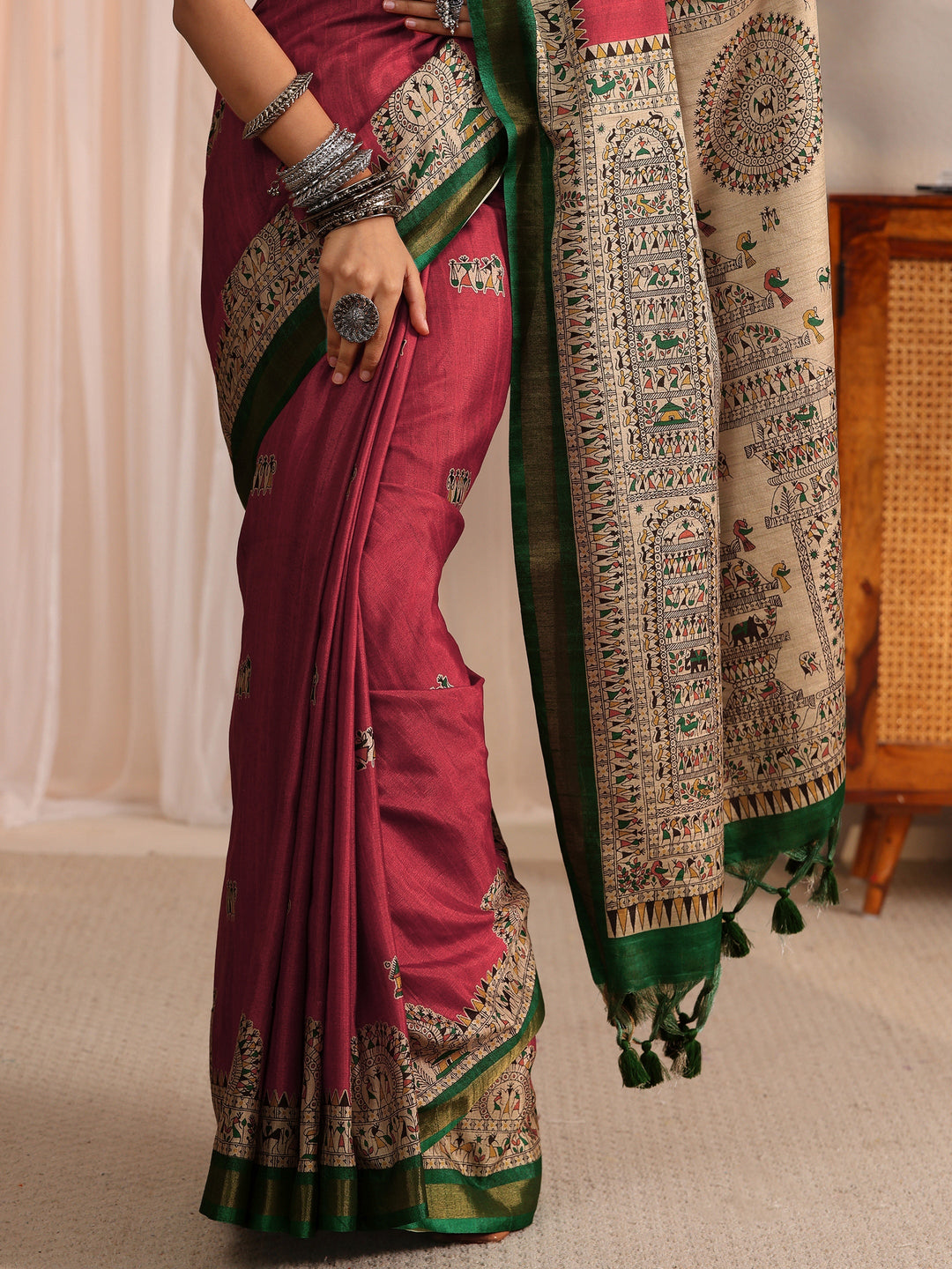 Libas Rust and Green Warli Printed Silk Blend Tassel Saree