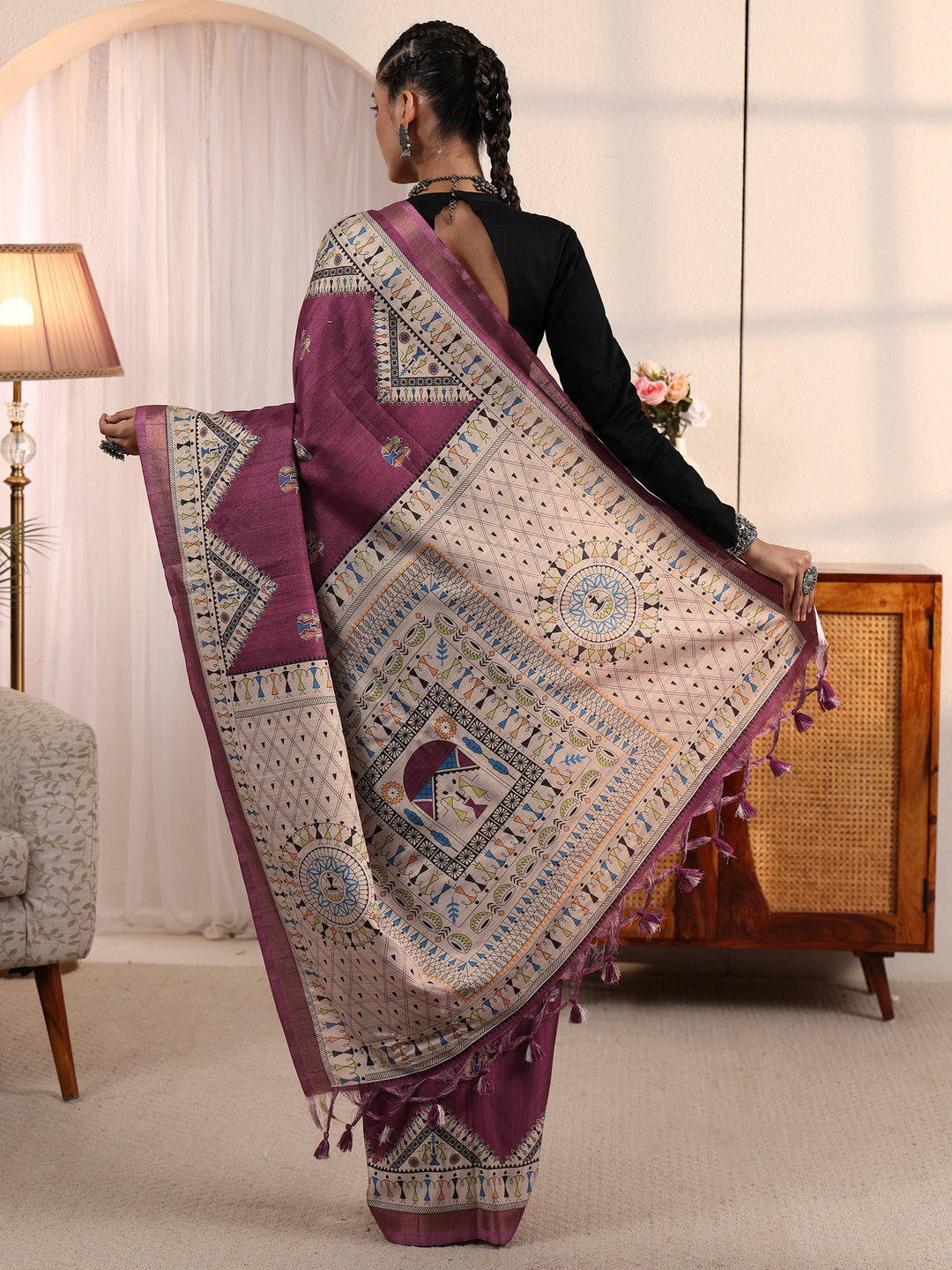 Libas Purple Warli Printed Silk Blend Tassel Saree