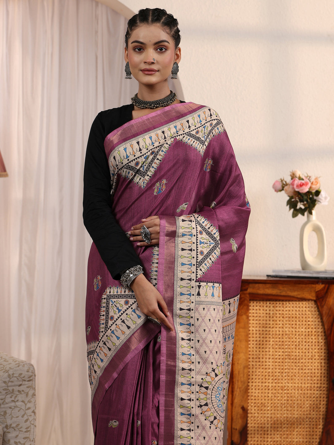 Libas Purple Warli Printed Silk Blend Tassel Saree