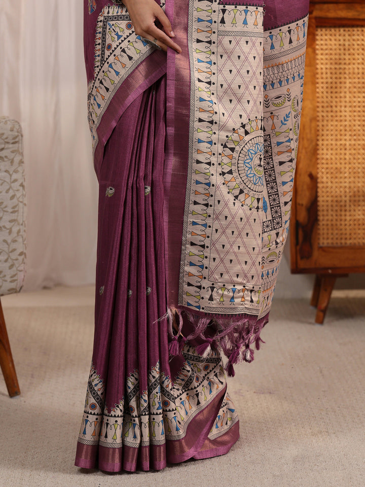 Libas Purple Warli Printed Silk Blend Tassel Saree