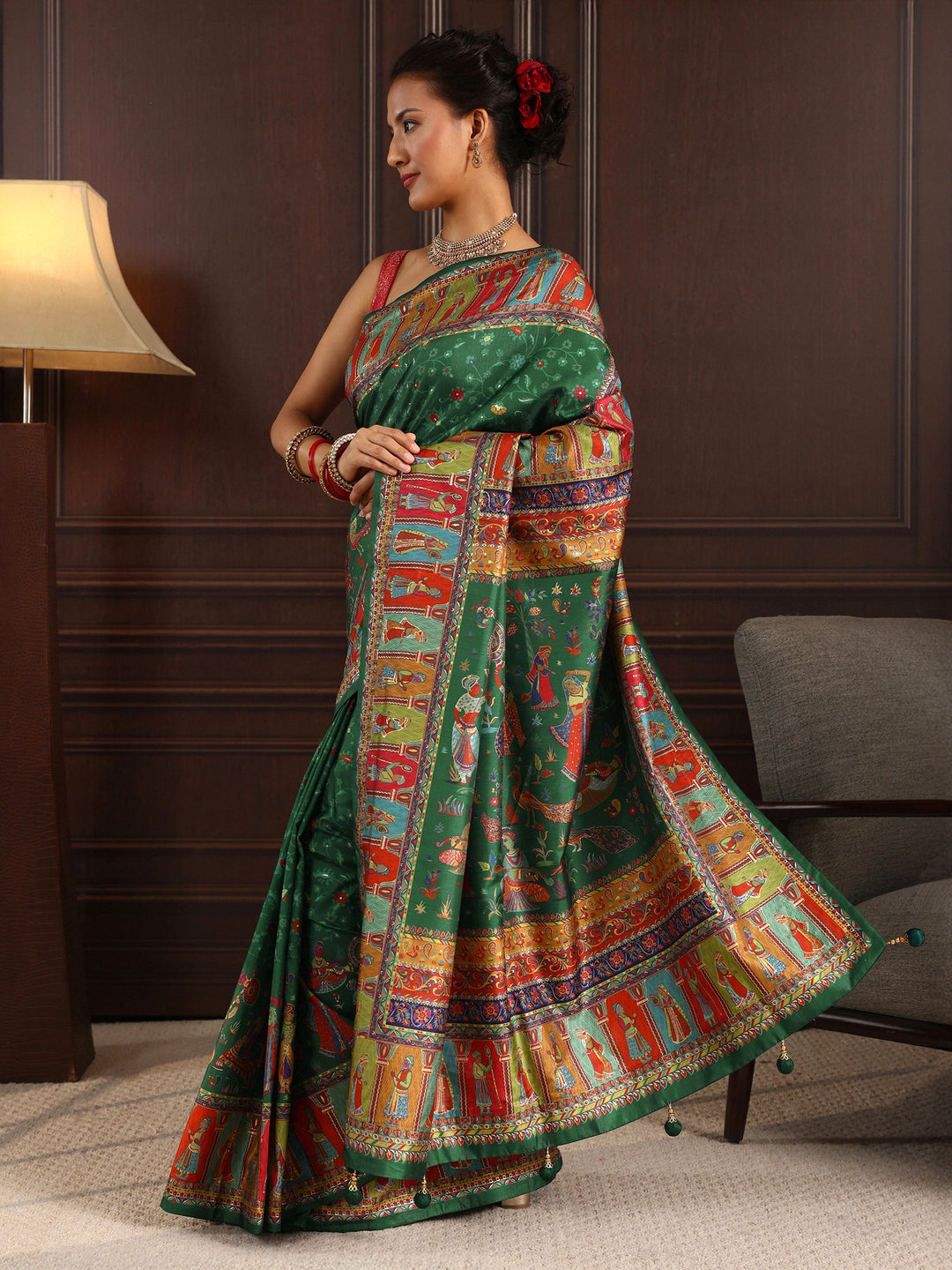 Libas Green Mughal Printed Silk Blend Saree