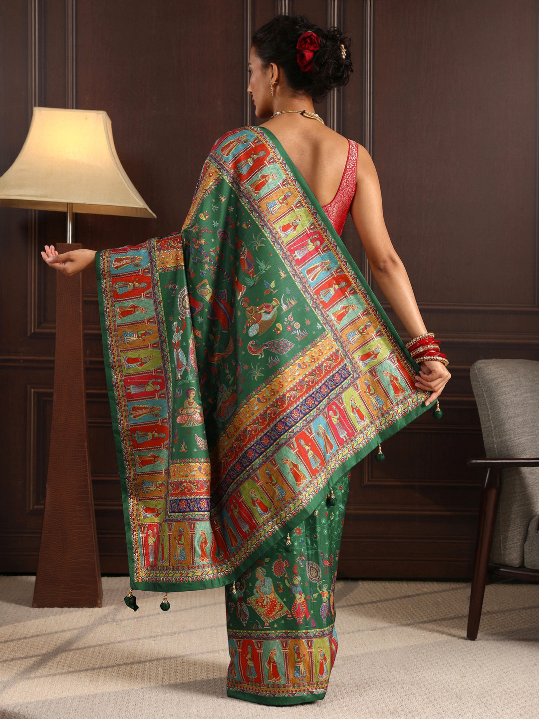Libas Green Mughal Printed Silk Blend Saree