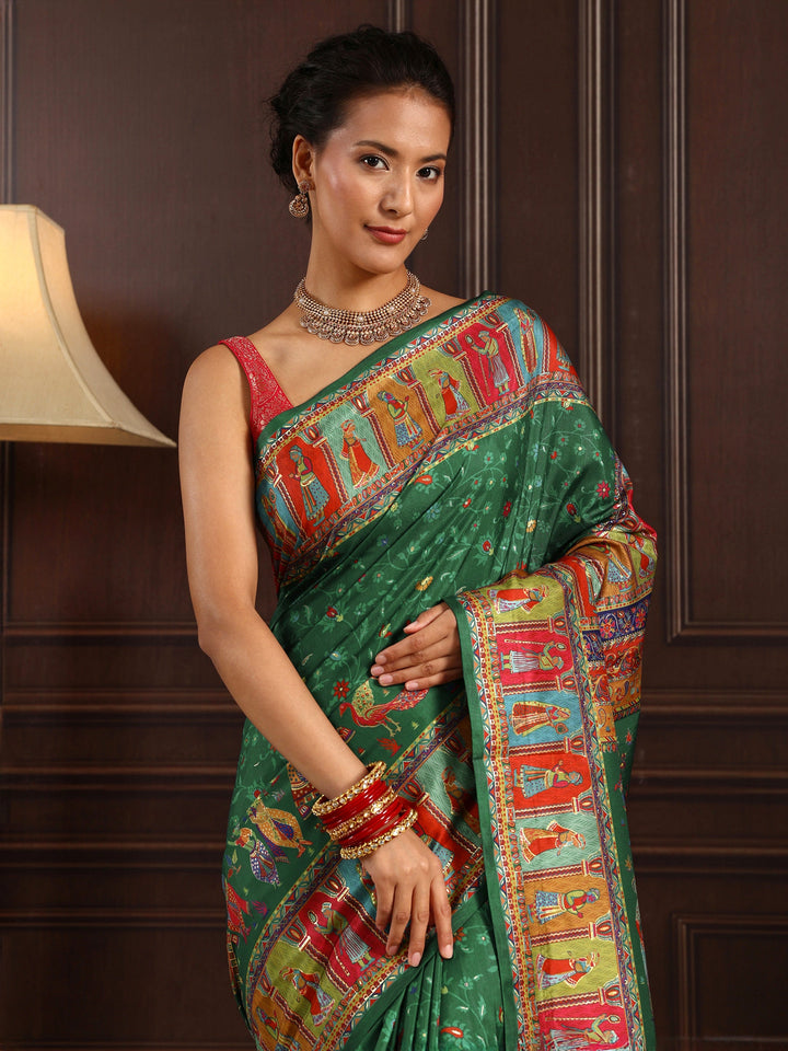 Libas Green Mughal Printed Silk Blend Saree