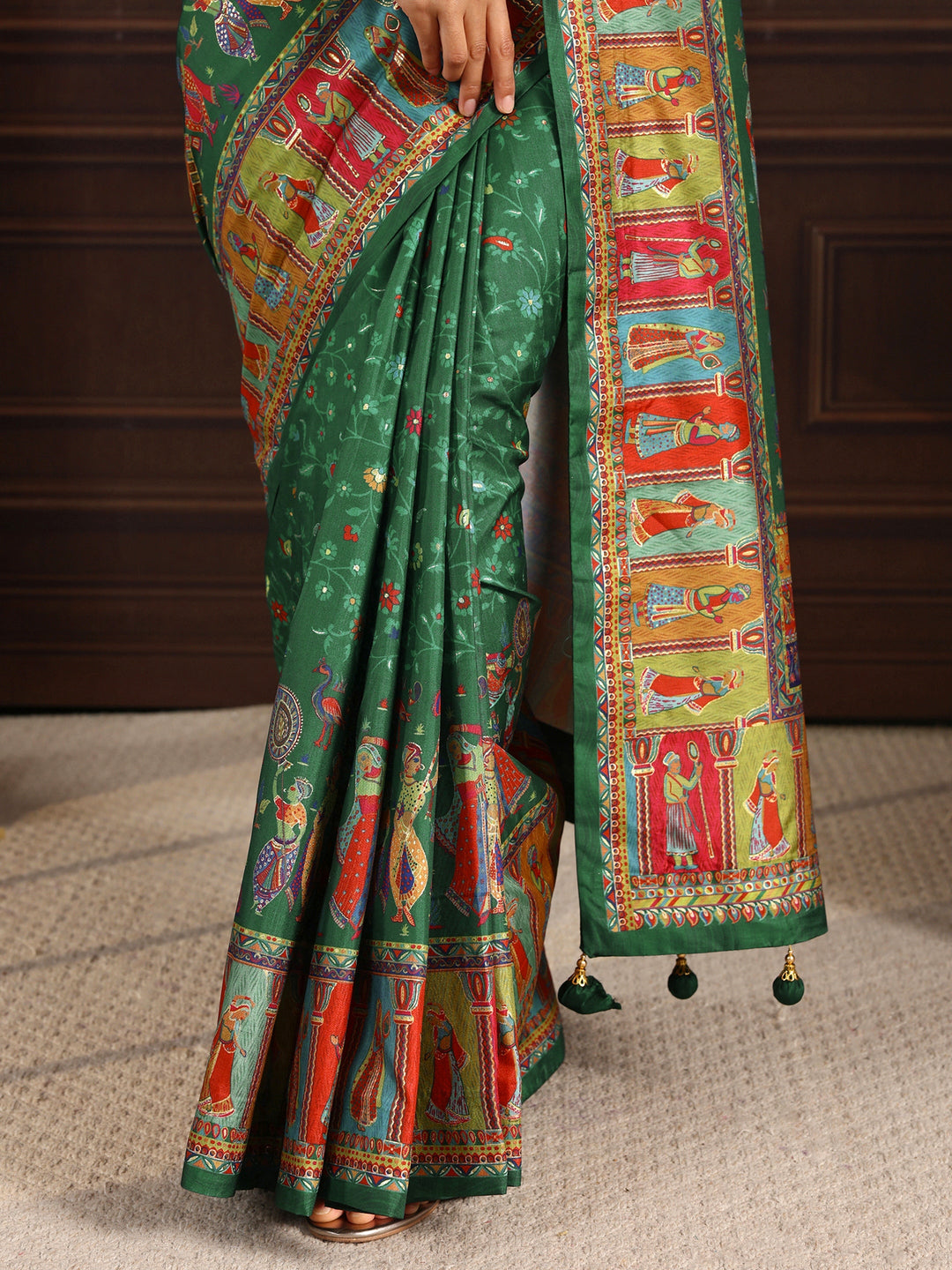 Libas Green Mughal Printed Silk Blend Saree