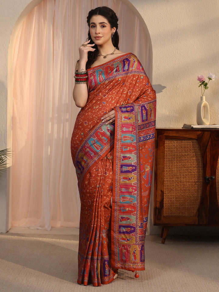 Libas Rust Brown Mughal Print Pallu Silk Blend Saree