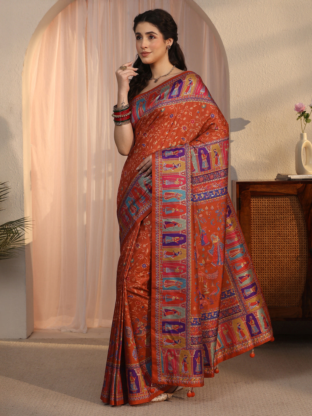 Libas Rust Brown Mughal Print Pallu Silk Blend Saree