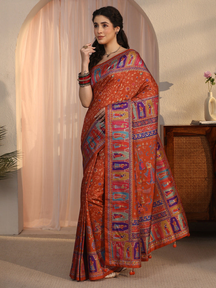 Libas Rust Brown Mughal Print Pallu Silk Blend Saree