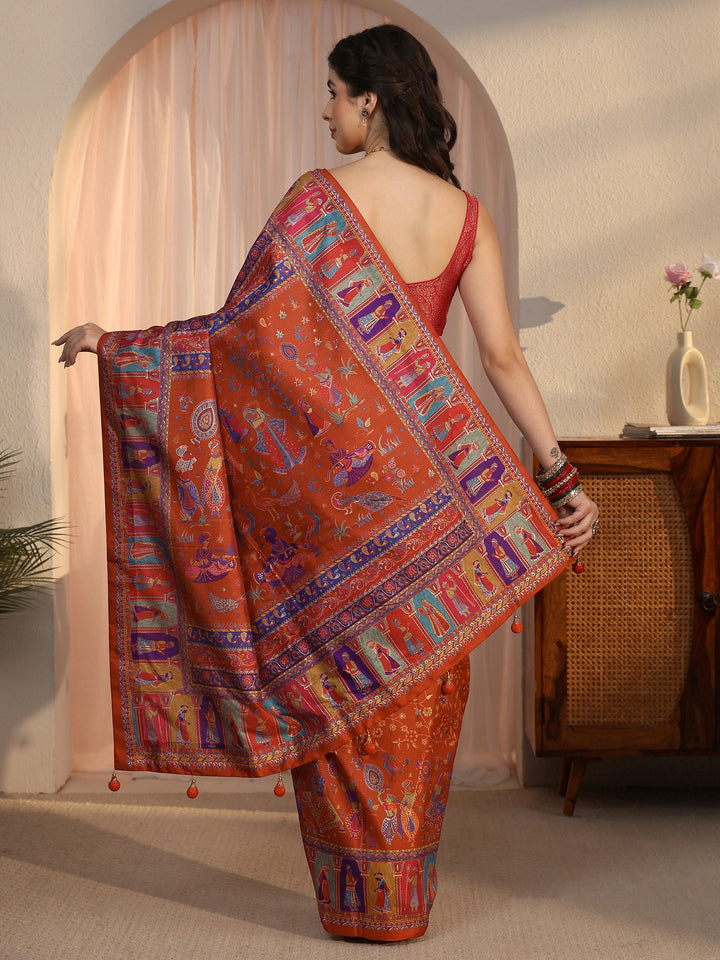 Libas Rust Brown Mughal Print Pallu Silk Blend Saree