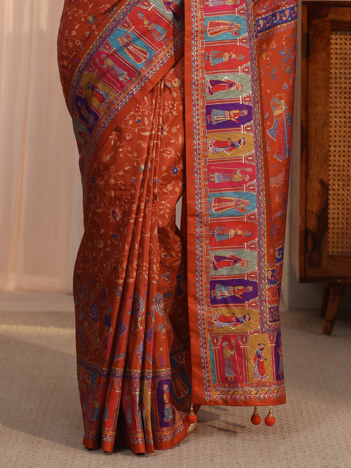 Libas Rust Brown Mughal Print Pallu Silk Blend Saree