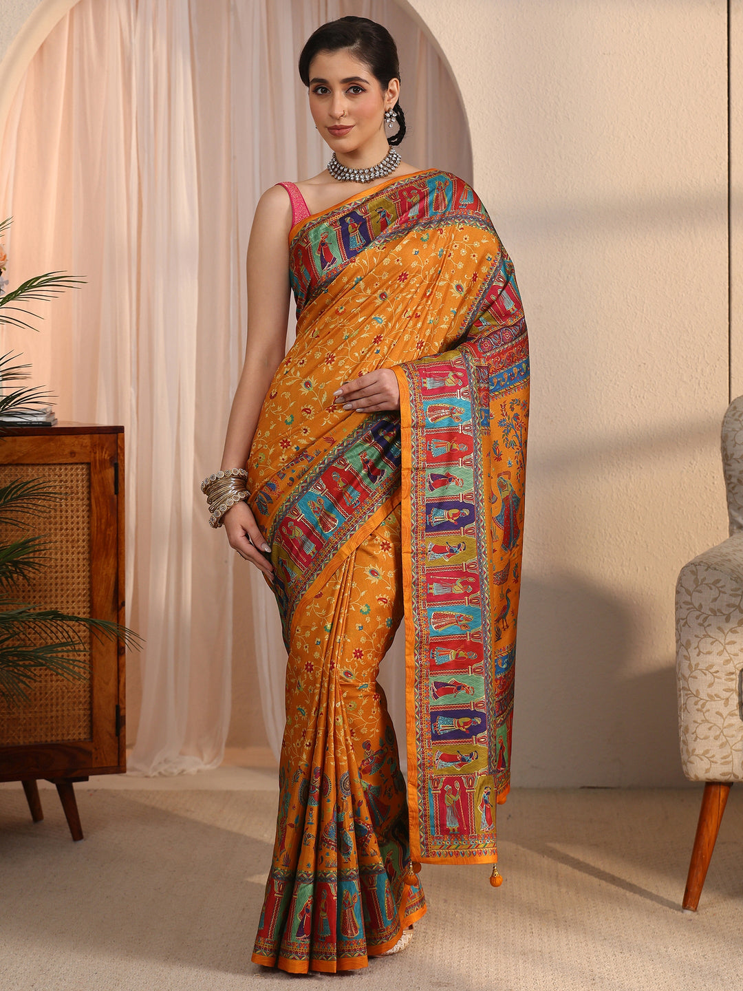Libas Mustard Mughal Printed Silk Blend Saree