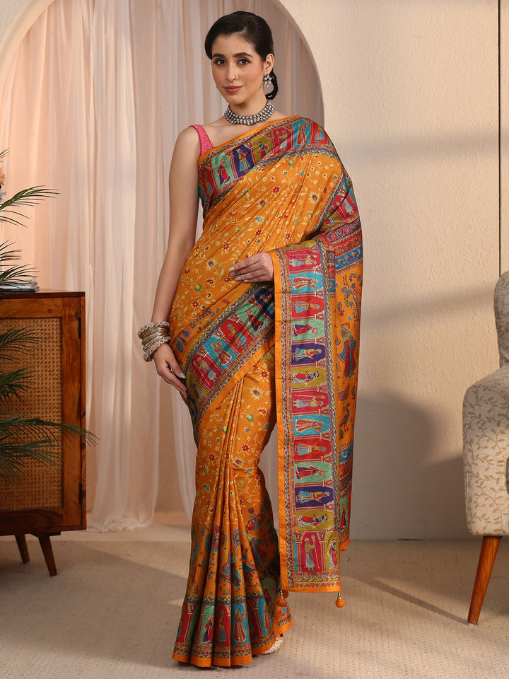 Libas Mustard Mughal Printed Silk Blend Saree