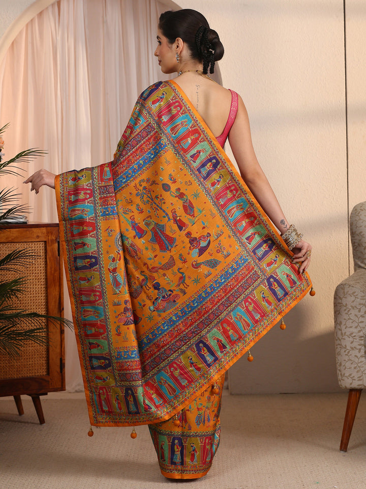 Libas Mustard Mughal Printed Silk Blend Saree
