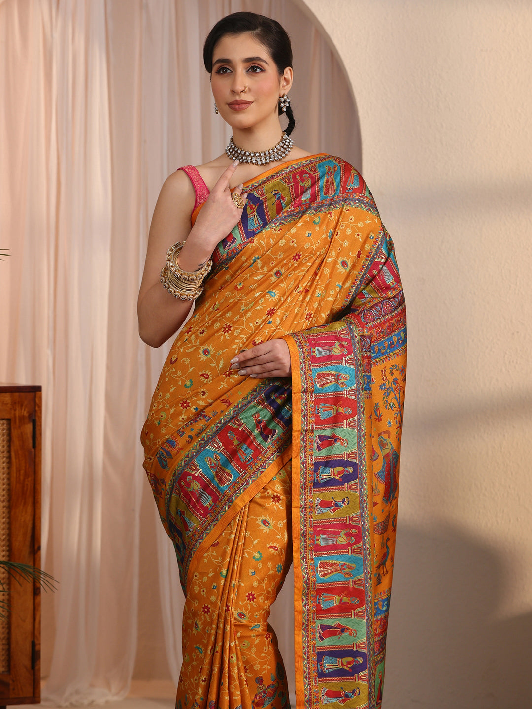 Libas Mustard Mughal Printed Silk Blend Saree