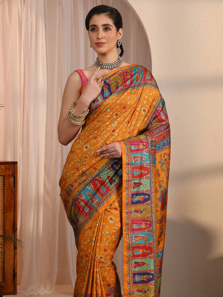 Libas Mustard Mughal Printed Silk Blend Saree