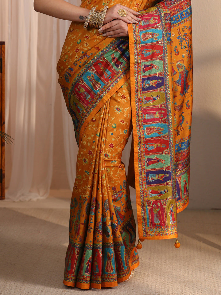 Libas Mustard Mughal Printed Silk Blend Saree