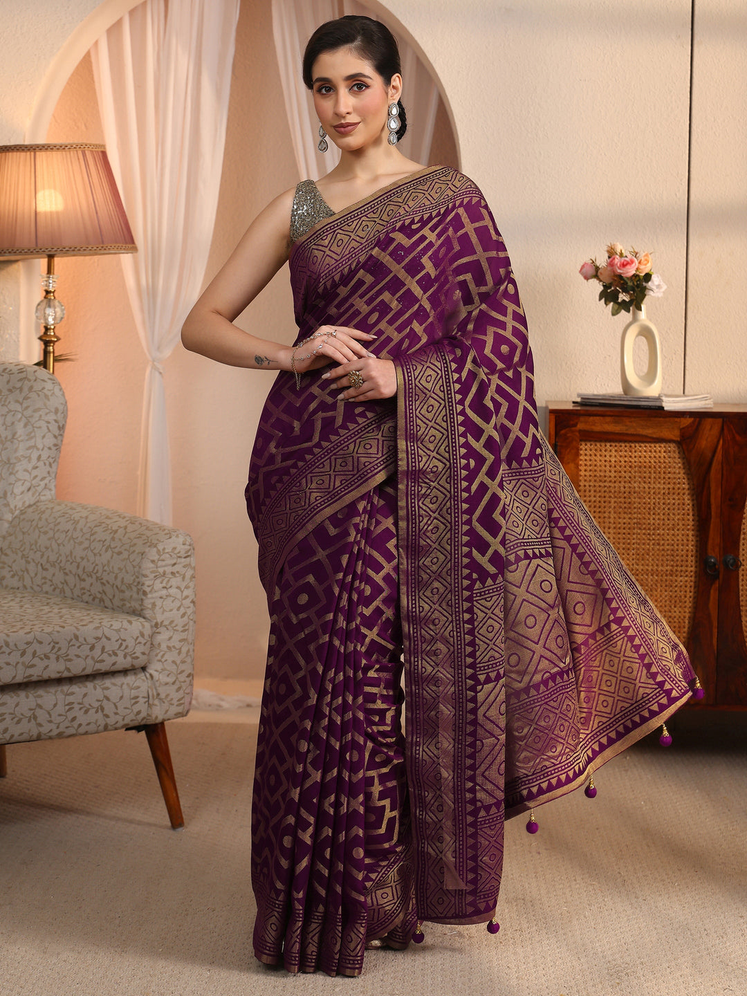 Libas Wine Geometric Woven Design Silk Blend Saree