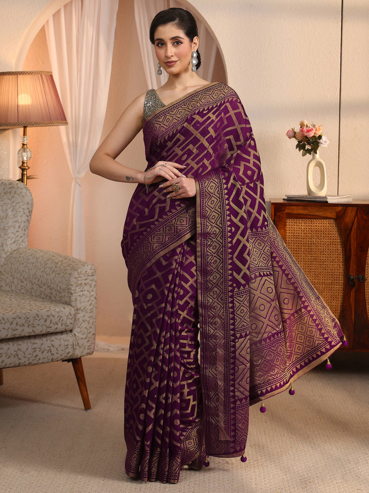 Libas Wine Geometric Woven Design Silk Blend Saree