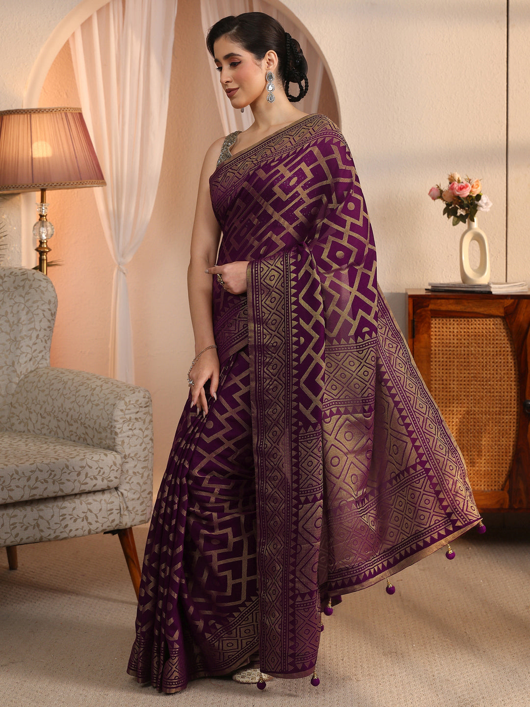 Libas Wine Geometric Woven Design Silk Blend Saree