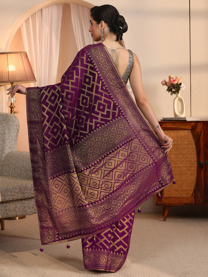 Libas Wine Geometric Woven Design Silk Blend Saree