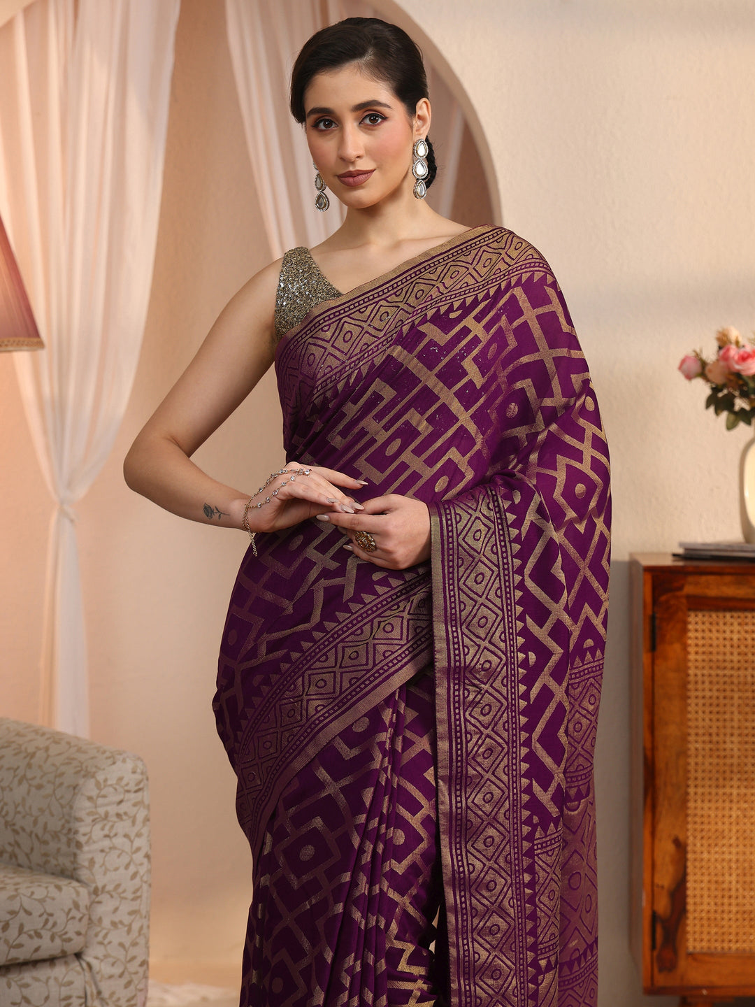 Libas Wine Geometric Woven Design Silk Blend Saree