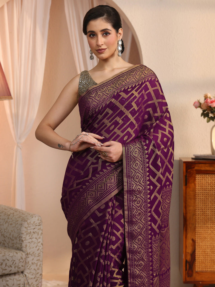 Libas Wine Geometric Woven Design Silk Blend Saree
