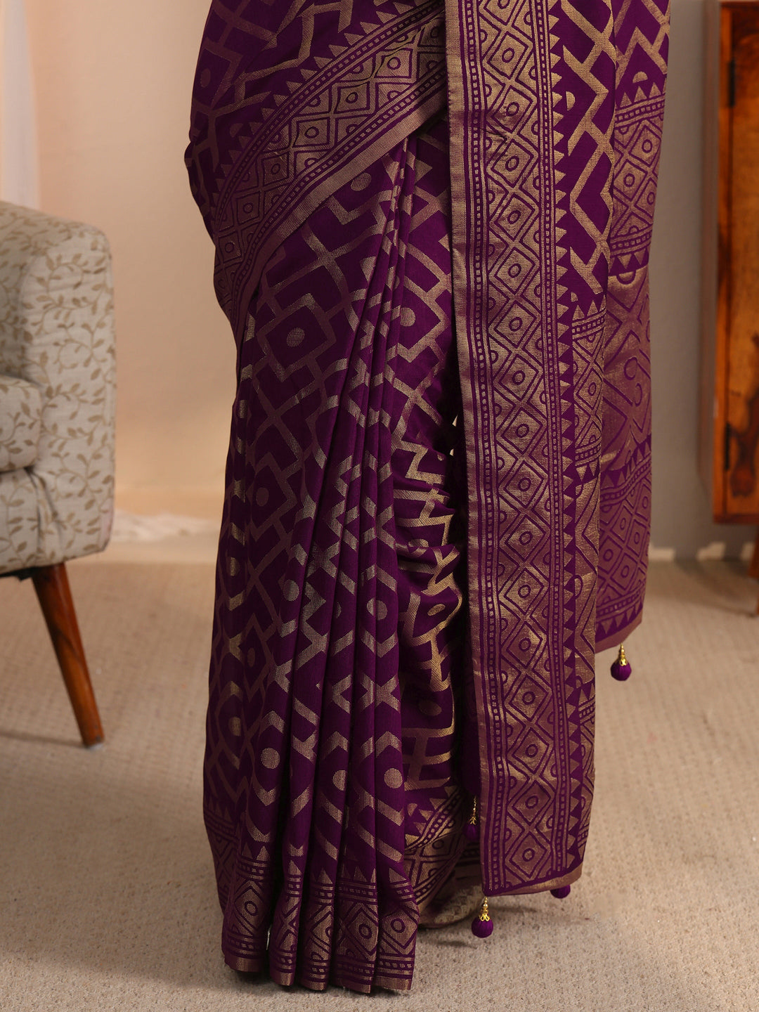 Libas Wine Geometric Woven Design Silk Blend Saree