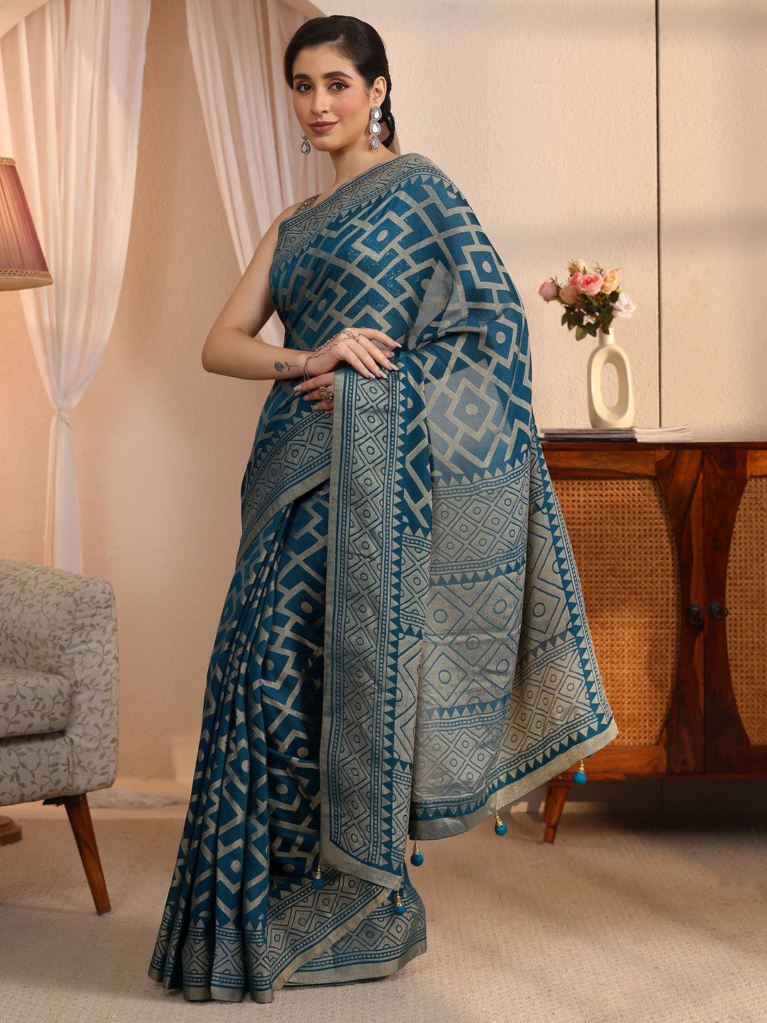 Libas Blue Geometric Woven Design Silk Blend Saree
