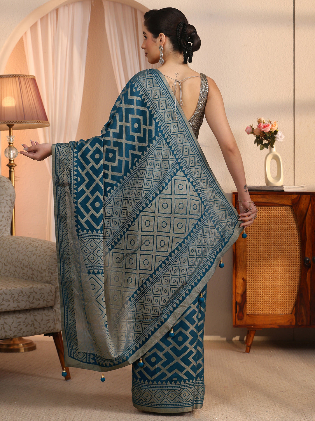Libas Blue Geometric Woven Design Silk Blend Saree