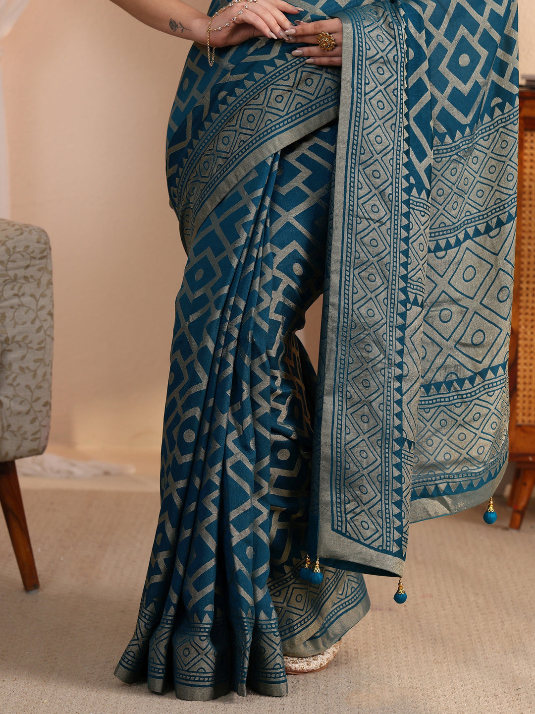 Libas Blue Geometric Woven Design Silk Blend Saree