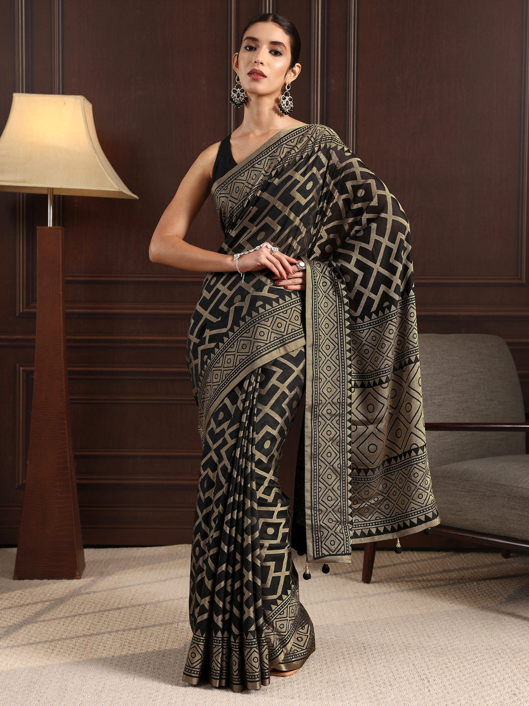 Libas Black Geometric Woven Design Silk Blend Saree