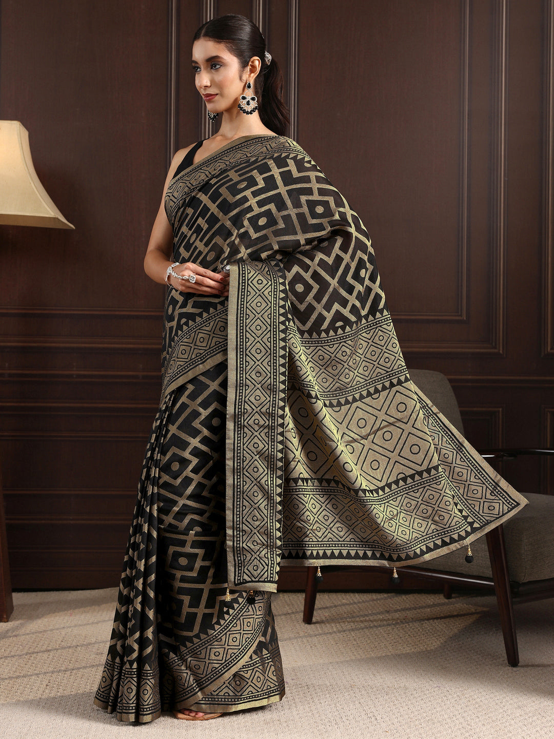Libas Black Geometric Woven Design Silk Blend Saree