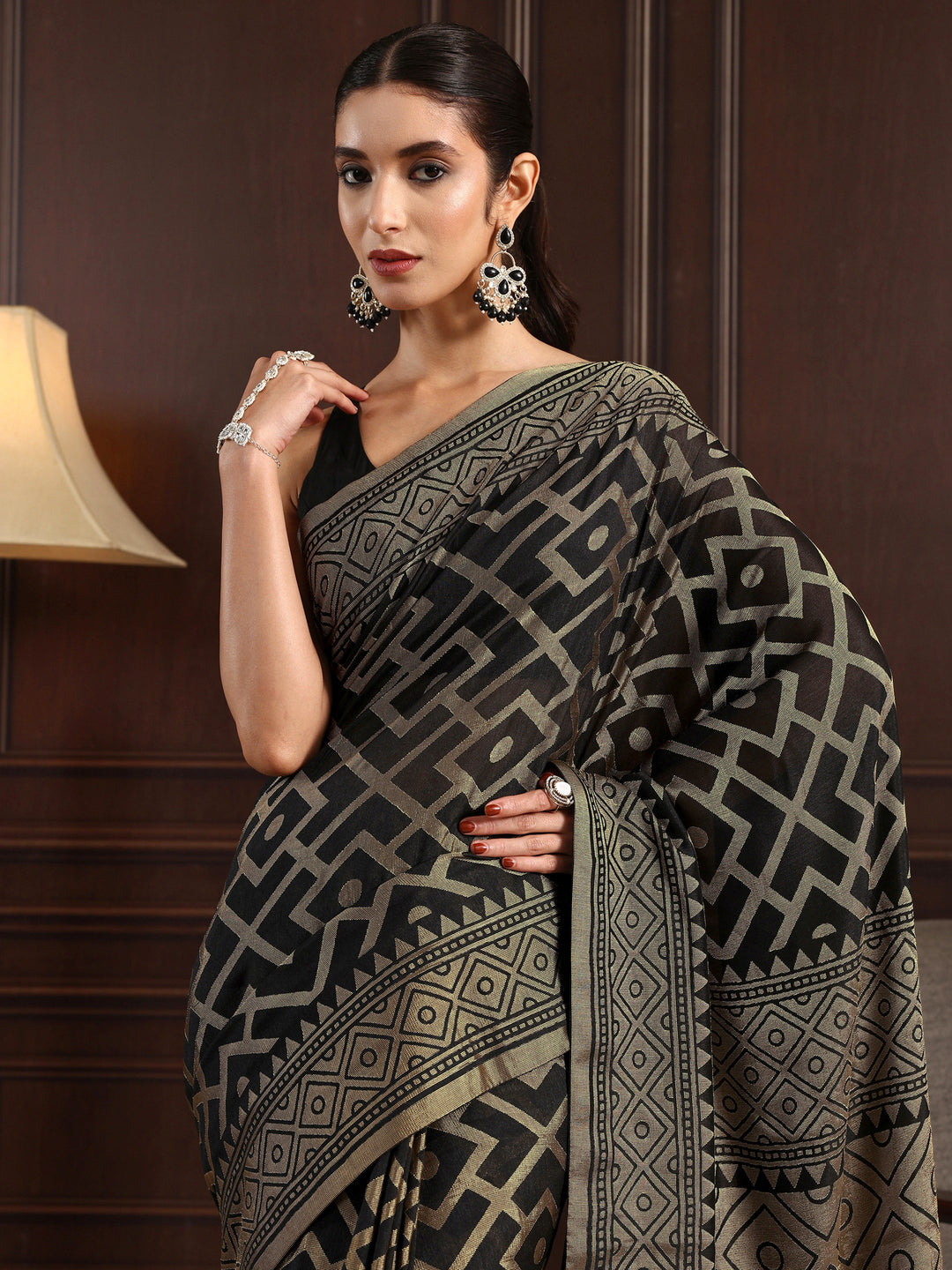 Libas Black Geometric Woven Design Silk Blend Saree