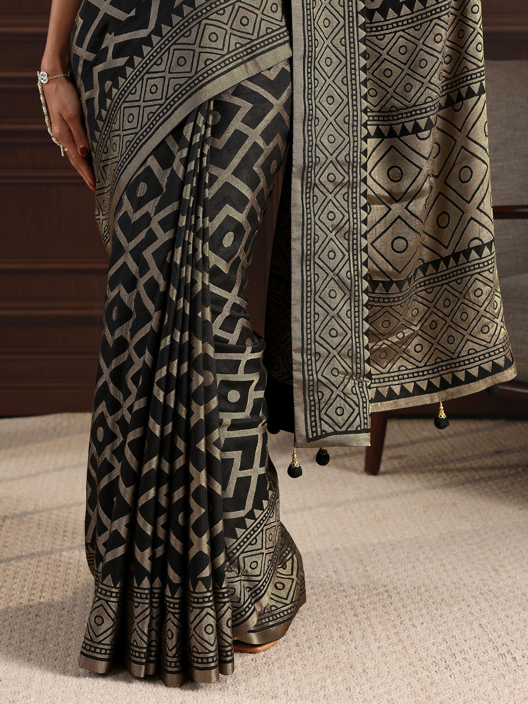 Libas Black Geometric Woven Design Silk Blend Saree