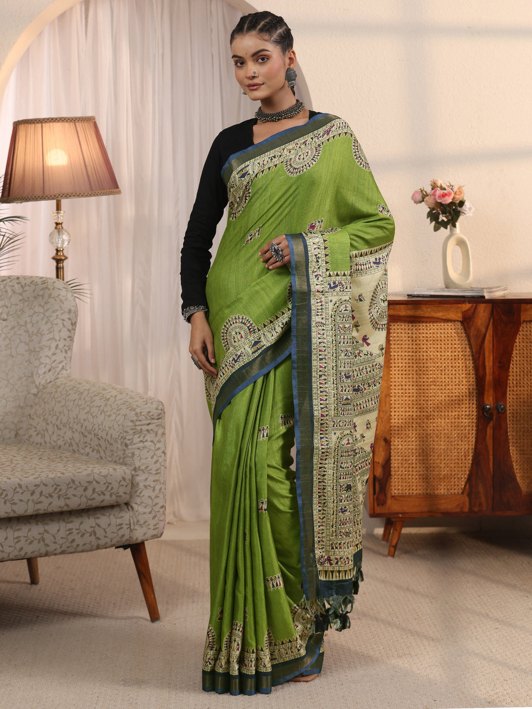 Libas Green Warli Printed Silk Blend Tassel Saree