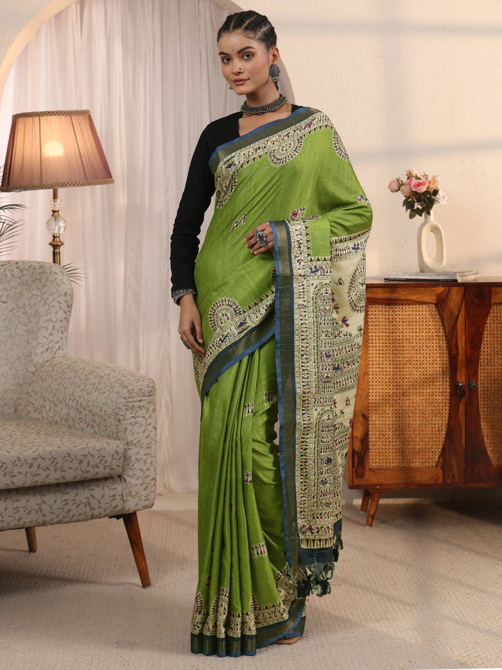 Libas Green Warli Printed Silk Blend Tassel Saree