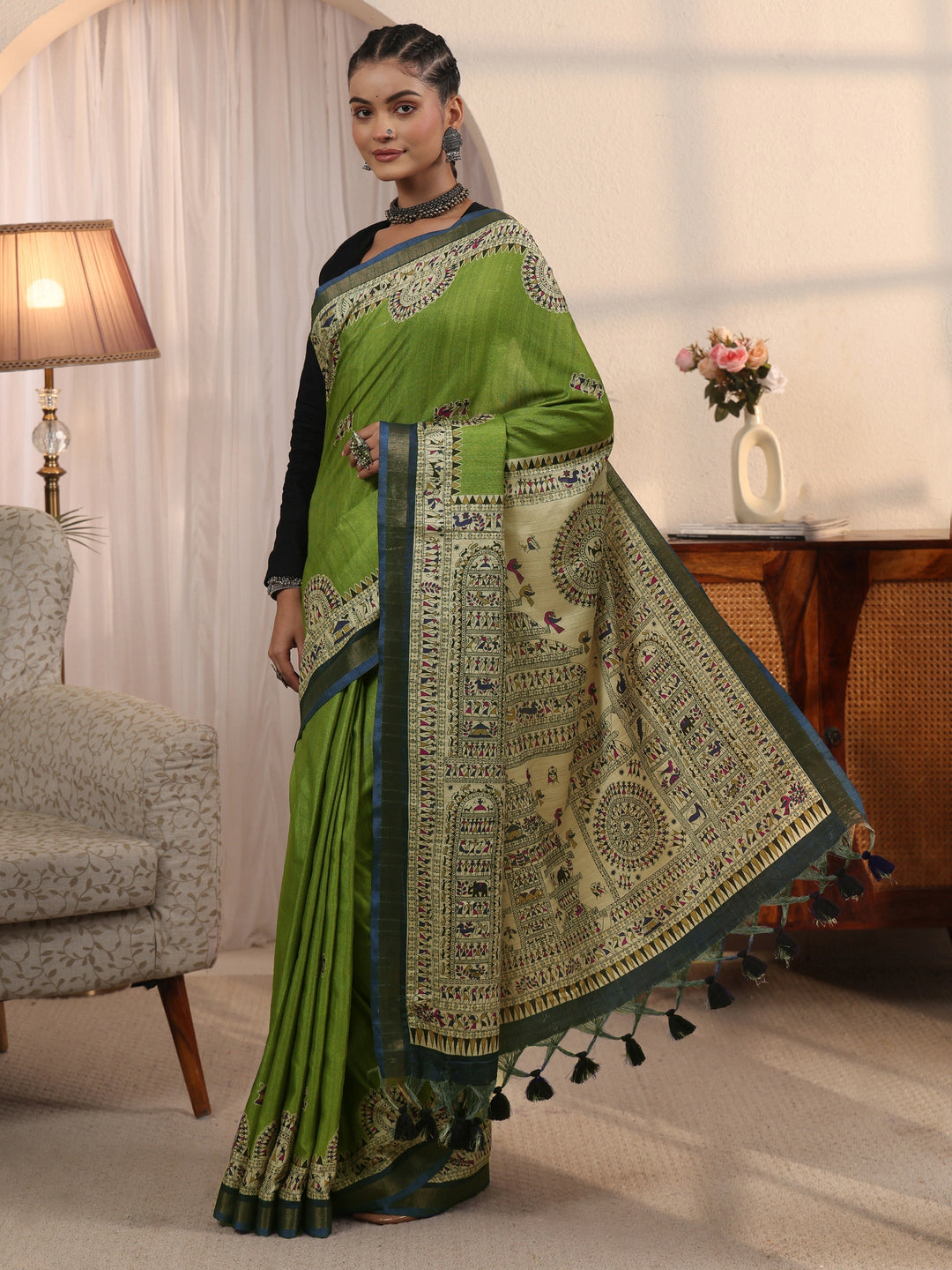 Libas Green Warli Printed Silk Blend Tassel Saree