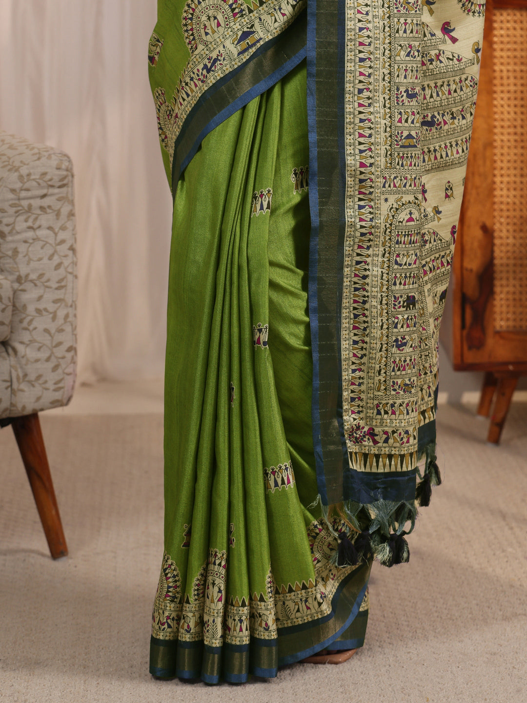 Libas Green Warli Printed Silk Blend Tassel Saree