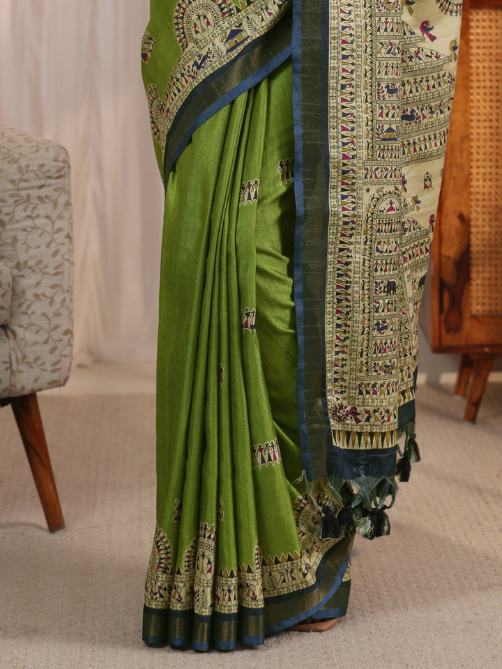 Libas Green Warli Printed Silk Blend Tassel Saree